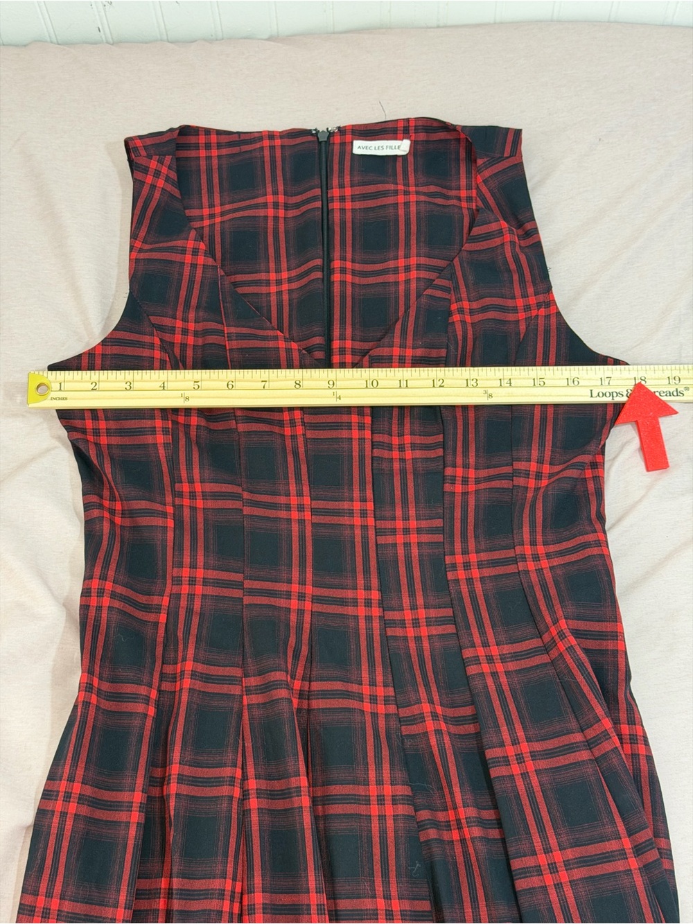 Avec Les Filles Red Black Plaid Midi Dress V-Neck Pockets Size 12 - Picture 5 of 7